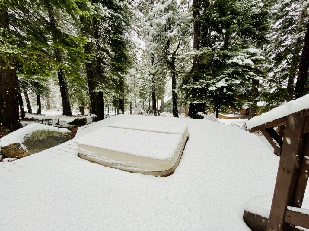 Tahoe Truckee vacation rentals first snow of 2025 at the Hot spring spa